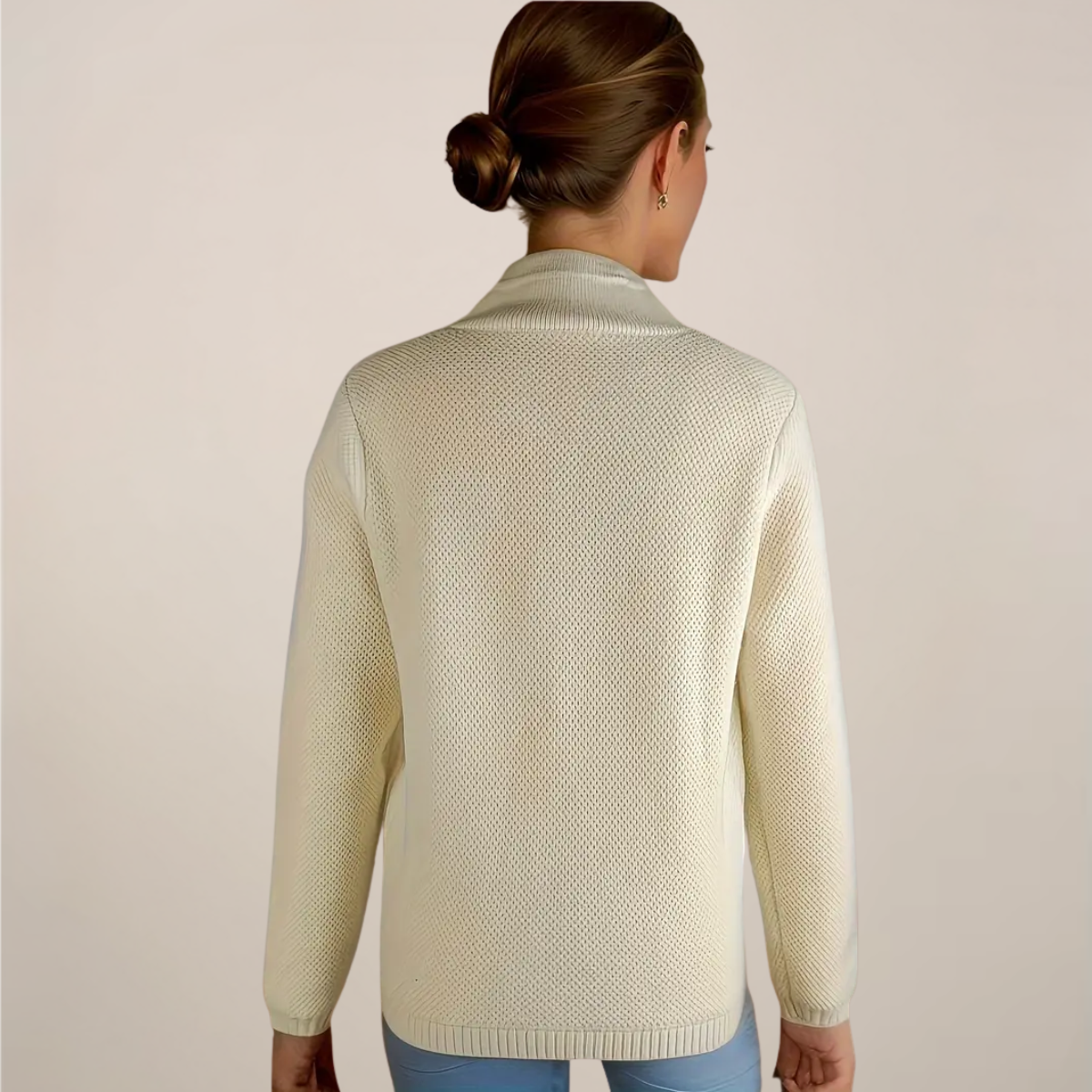 Women’s Cream Cardigan Sweater – Textured Knit, Stand Collar
