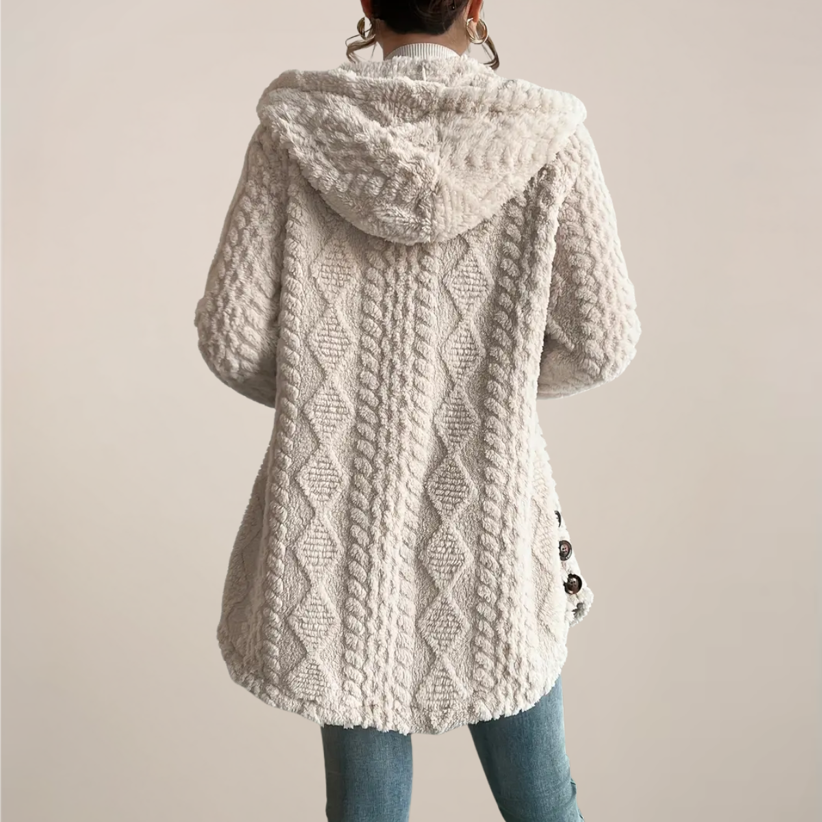 Women’s Cream Hooded Jacquard Plush Coat – Warm All-Season Cardigan Jacket