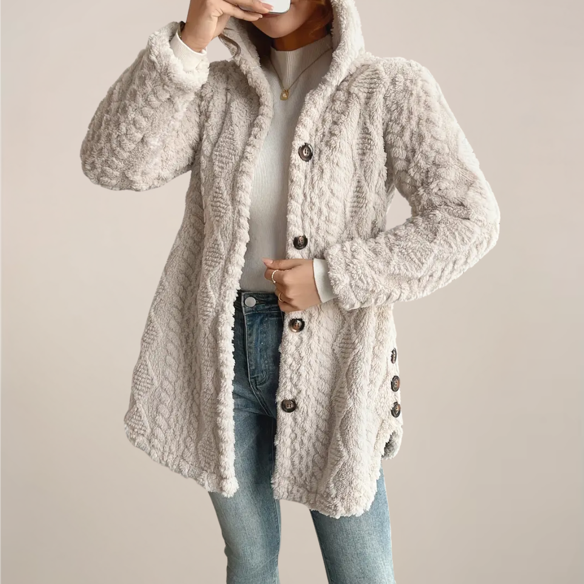 Women’s Cream Hooded Jacquard Plush Coat – Warm All-Season Cardigan Jacket