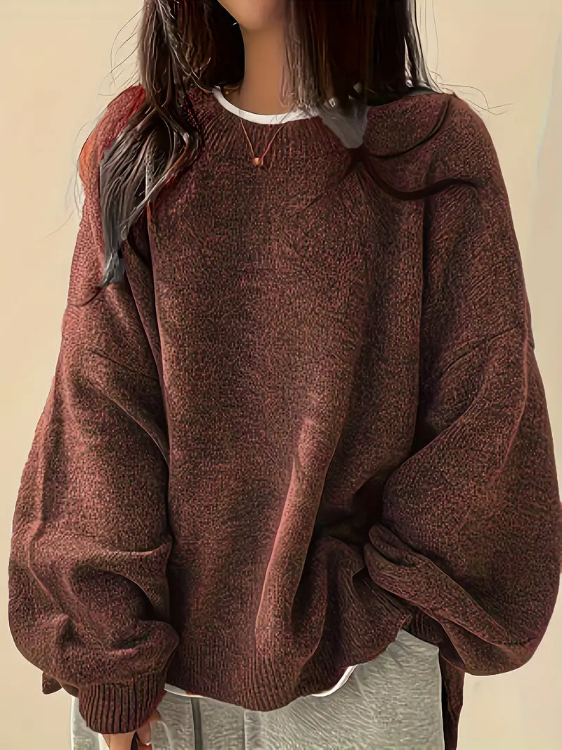 Women’s Lantern Sleeve Sweater – Oversized, Round Neck, Rib Trim