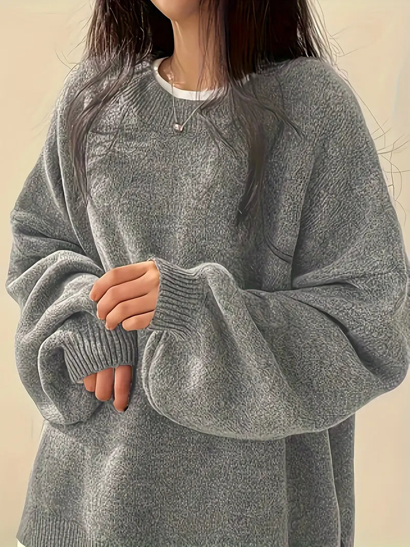 Women’s Lantern Sleeve Sweater – Oversized, Round Neck, Rib Trim
