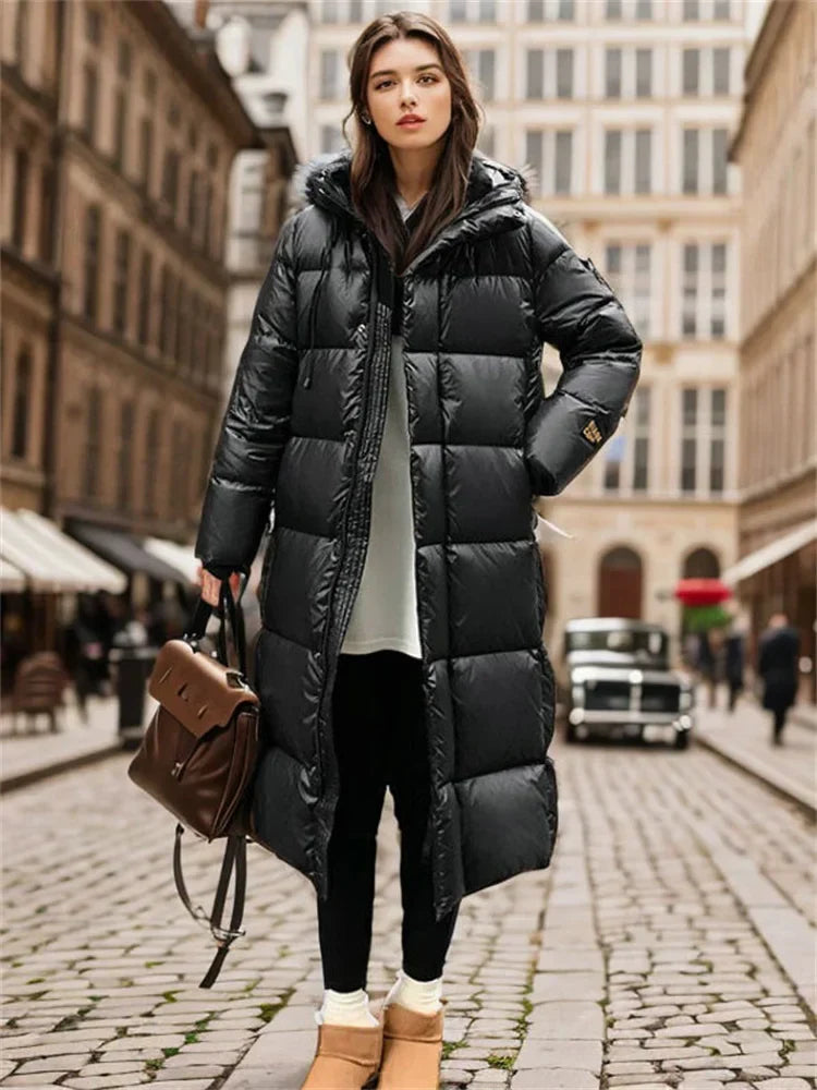 Women’s Long Puffer Coat with Hood – Maxi Quilted Winter Jacket