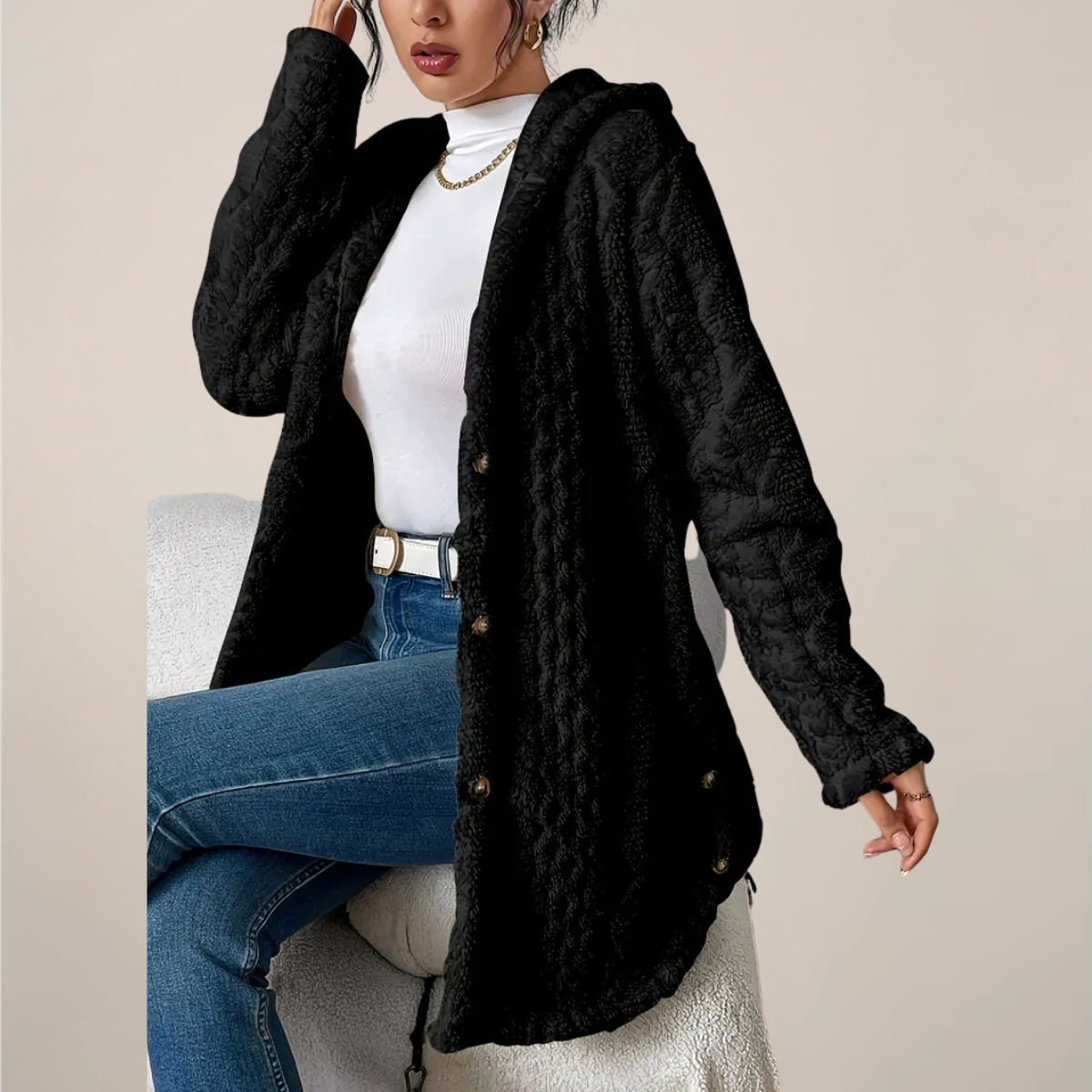 Women’s Longline Hooded Textured Knit Cardigan – Winter Plush Outerwear
