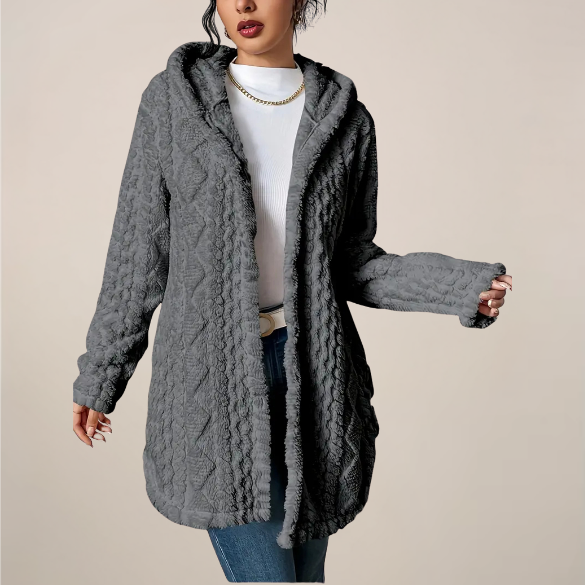 Women’s Longline Hooded Textured Knit Cardigan – Winter Plush Outerwear