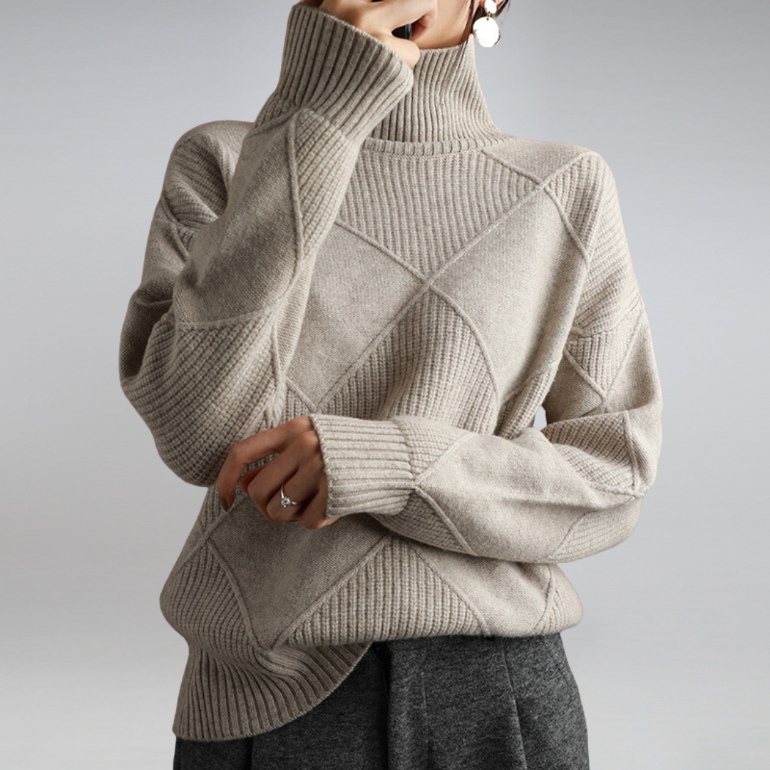 Women’s Loose Turtleneck Sweater – Geometric Knit Design
