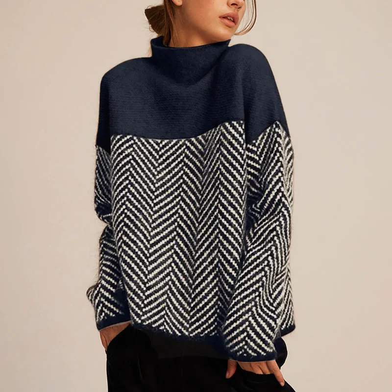 Women’s Oversized Turtleneck Sweater – Soft Two-Tone Knit with Chevron Pattern