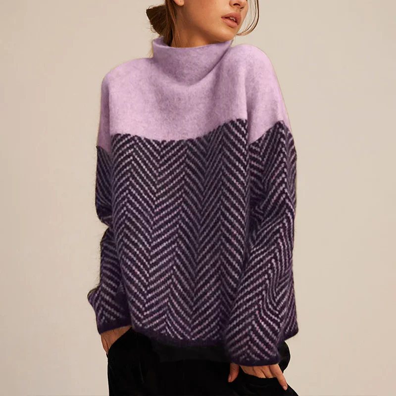 Women’s Oversized Turtleneck Sweater – Soft Two-Tone Knit with Chevron Pattern