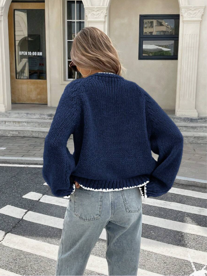 Women’s Tie-Front Cardigan – Cropped Knit Layer with Contrast Trim