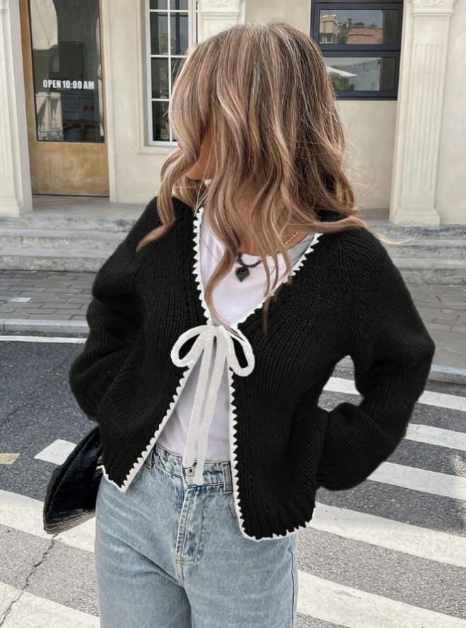 Women’s Tie-Front Cardigan – Cropped Knit Layer with Contrast Trim