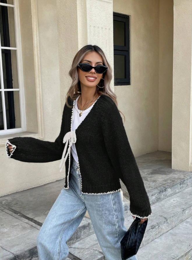 Women’s Tie-Front Cardigan – Cropped Knit Layer with Contrast Trim