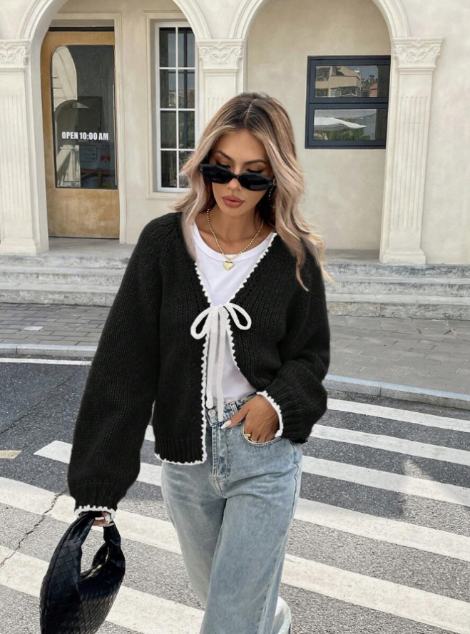 Women’s Tie-Front Cardigan – Cropped Knit Layer with Contrast Trim