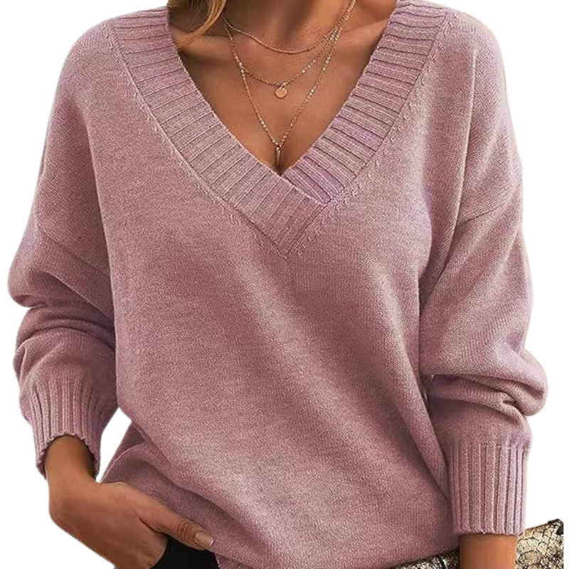Women’s V-Neck Knitted Sweater – Relaxed Fit, Long Sleeve