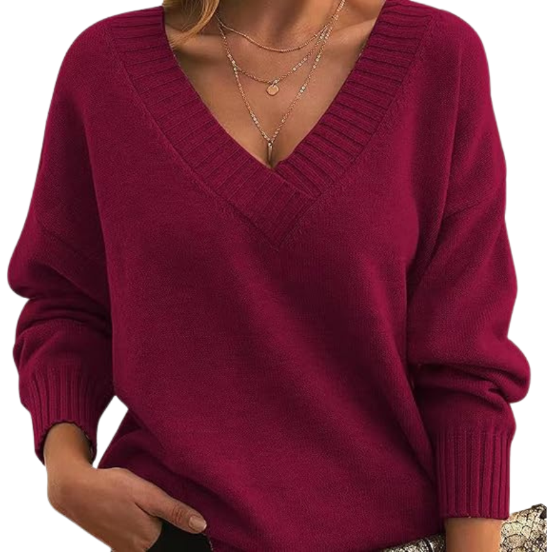 Women’s V-Neck Knitted Sweater – Relaxed Fit, Long Sleeve