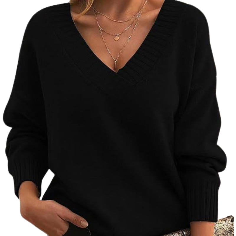 Women’s V-Neck Knitted Sweater – Relaxed Fit, Long Sleeve