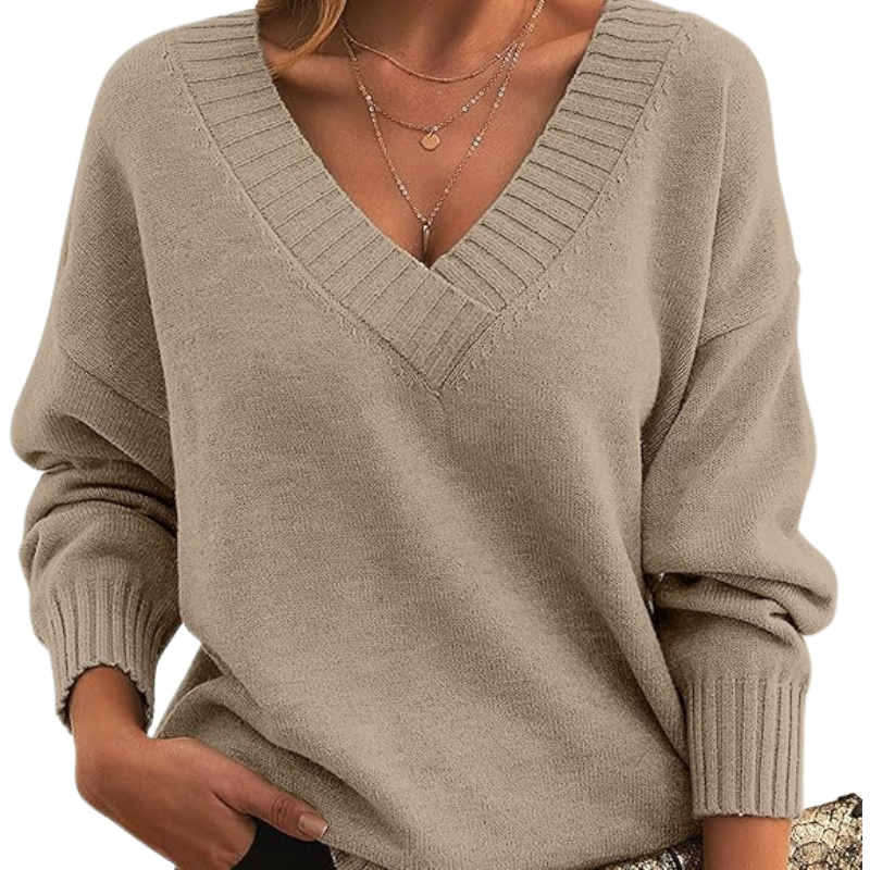 Women’s V-Neck Knitted Sweater – Relaxed Fit, Long Sleeve